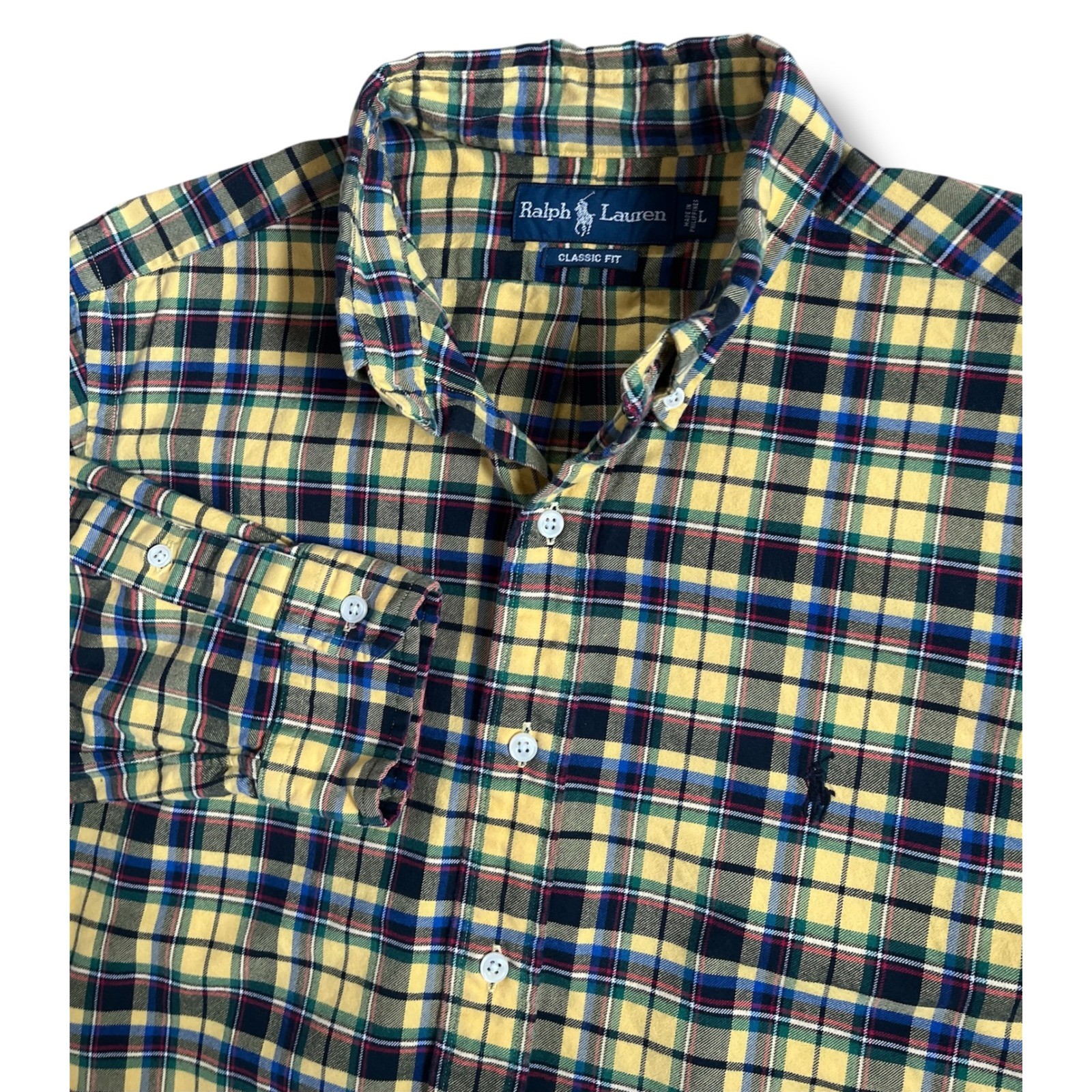 Ralph Lauren Classic Fit Plaid Shirt Mens L Yellow Blue Long Sleeve Button Up
