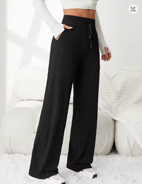 Women's High Waist Drawstring Wide Leg Pants Stretch Casual Palazzo Trousers