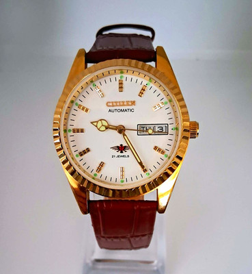 Vintage Men's Automatic Citizen Eagle 7 Leather Wrist Watch RARE Clear Exhibitio