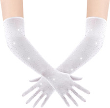 Mesh Gloves for Women - Long Rhinestone Tulle Sheer Sparkly Elbow Length Stretch