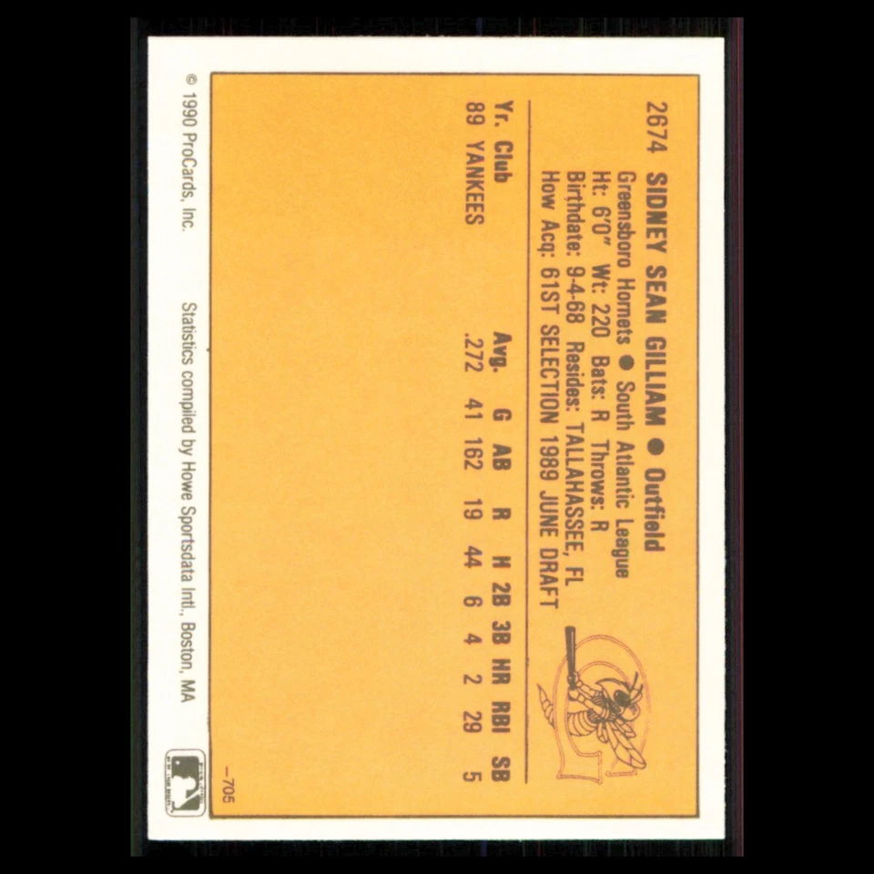 Sean Gilliam #2674 1990 ProCards Greensboro Hornets Baseball Card MLB NM - Image 2 of 3