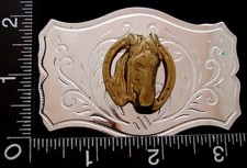 LK20132 VINTAGE  RAISED HORSE HEAD INSIDE HORSESHOE  WESTERN BELT BUCKLE
