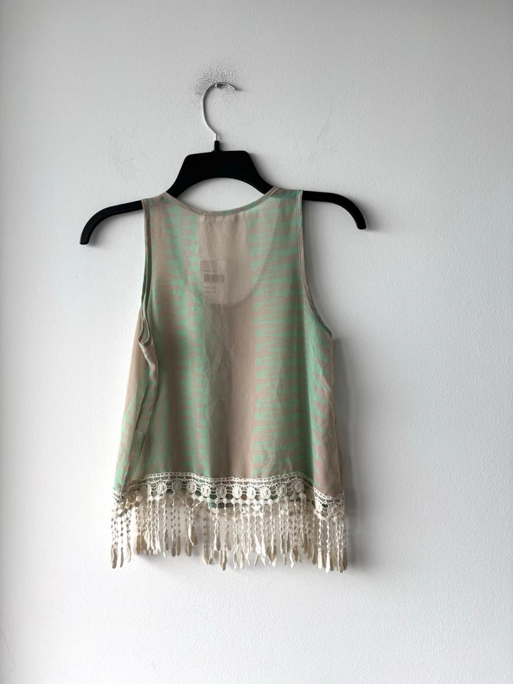 Lush Nordstrom Tank Green Beige Aztec Fringe Sheer Women XS Festival Boho NWT - Image 2 of 4