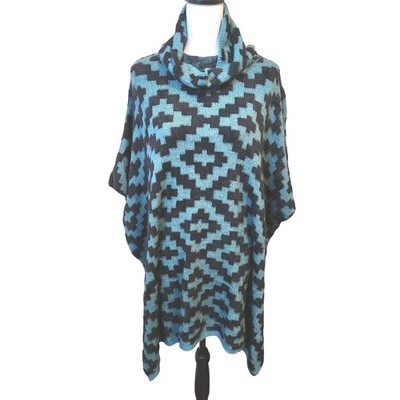 Grace & Lace Teal & Black Cowl Neck Geometric Pattern Poncho OS