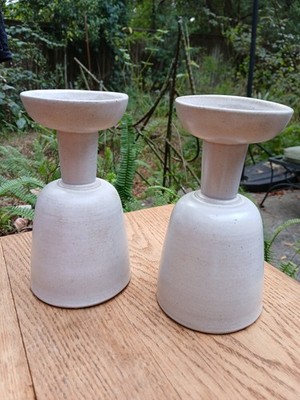 Pair Of Martz Marshall Studios Ceramic MCM Stoneware Pottery Candle/Vase Gray