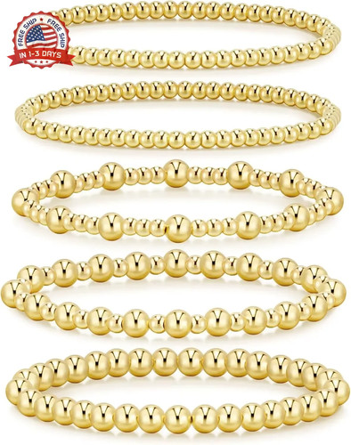 Gold Bracelets for Women, 14K Gold Plated Beaded Bracelets Gold Strand Bea