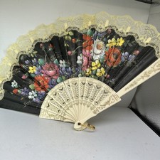 VTG Folding Fan Lace Spanish Style Black Fabric Plastic Handle Roses Lace 17