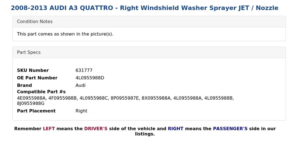 2008-2013 AUDI A3 QUATTRO - Right Windshield Washer Sprayer JET / Nozzle - Image 3 of 4