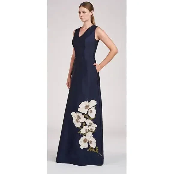 Vestido Kay Unger Azul Marino Oscuro Aurelia Floral Sin Mangas Tafetán Talla 8 $468 Foto 2 de 4