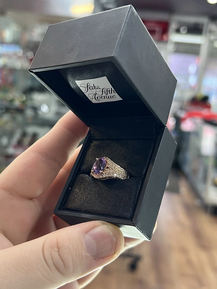 LEVIAN 14k Rose Gold Oval Purple Amethyst Approximately 1 CT Diamond Ring Sz 7 - Image 4 of 4