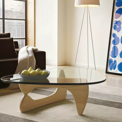Natural 19MM Noguchi  Style Triangle Glass Coffee Table With solid wood Base