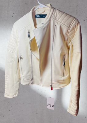 ZARA NEW WOMAN BIKER FAUX LEATHER JACKET White Cream Size M