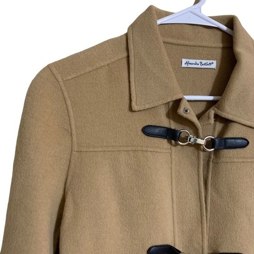 Alexandra Bartlett Tan 100% Wool Coat Clip Closure Black Trim Women’s Size Small - Picture 2 of 8