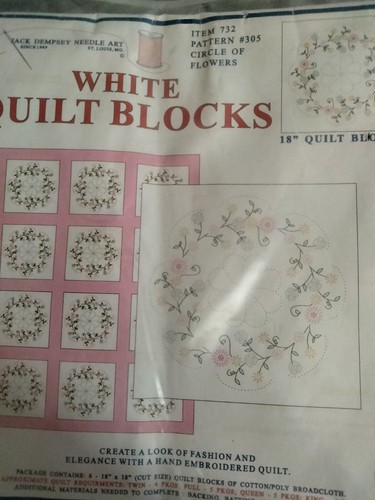 Jack Dempsey White Quilt Blocks #305 Circle of Flowers~ NEW Set of 6 - 18" x 18