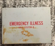 First Aid Kit Bell System Disaster Emergency Metal Storage Box w Handle Vintage