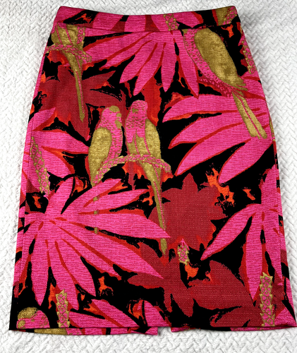 J. Crew Bleistiftrock Damengröße 4 Palmen- & Vogelmotiv rosa & schwarz Grasstoff