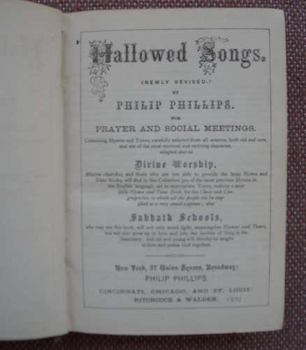 HALLOWED SONGS FOR PRAYER AND SOCIAL MEETINGS ~ PHILIP PHILLIPS ~ RARE ~ 1871 - Picture 2 of 3