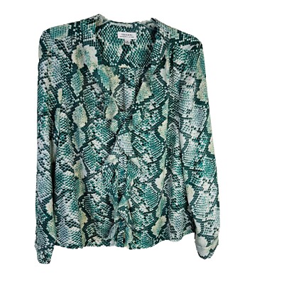 Tahari Arthur Levine Size M Women Top Blouse Snakeskin Green Ruffle Long Sleeve
