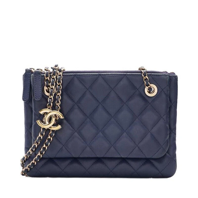 Borsa a tracolla Chanel Navy doppia pochette catena oro