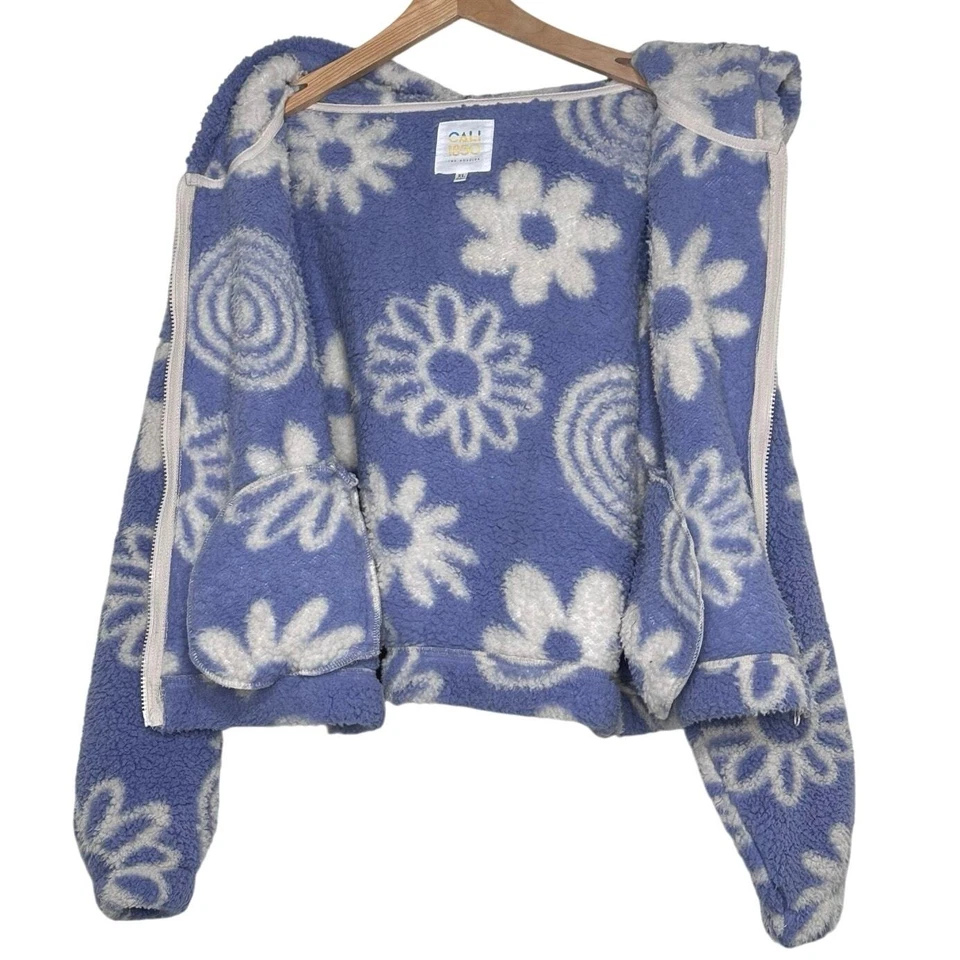 Cali 1850 Floral Periwinkle Sherpa Fleece Jacket Hoodie Full Zip Cozy Women XL - Image 4 of 4