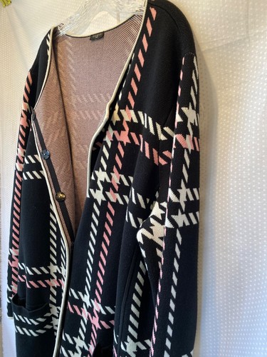 TALBOTS Knit Long Sweater Duster Cardigan Black White & Pink Herringbone/Plaid - Picture 3 of 5