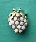 Vintage White Milk Glass Solid Rhinestone Grape Bunch Gold Tone Leave Brooch Pin