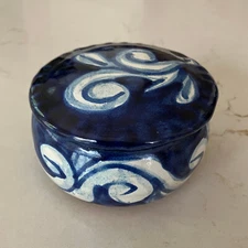Terracotta Trinket Dish with Lid Blue Hand Painted Glaze Approx. 3.5” Diameter