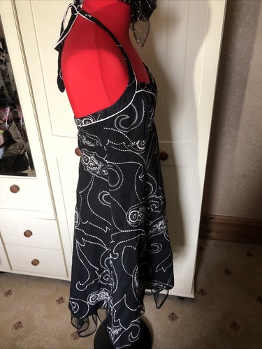 DEBUT Ladies Black Ivory Embroidered Halter Retro Knee Length Dress Size 12 - Picture 6 of 10