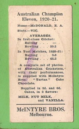 #D101. RARE 1920-1921 McINTYRE AUSTRALIAN CRICKET CARD E. A. McDONALD - Picture 2 of 2