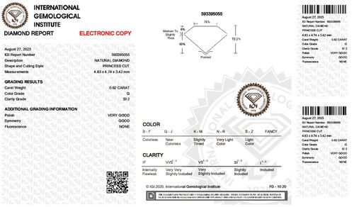 0.62 Carat Natural Loose Diamond (Princess Cut, G, SI2) IGI Certified Rare Gift - Picture 2 of 3
