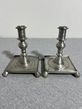 Towle Newburyport Pewter Candlestick Holders Pair Square Base Ball Feet Set