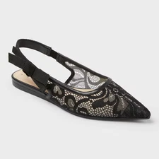 Women's London Lace Sling Back Bow Flats - A New Day Black
