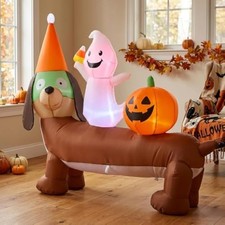 5FT Halloween Inflatable Blow up Dachshund and Ghost Decoration Built-in LEDs