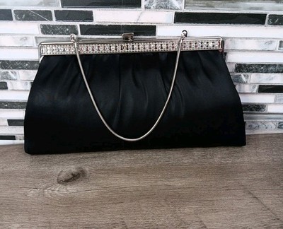 Evening After Five Black  Rhinestones Glam HandBag Purse Silvertone Clutch 