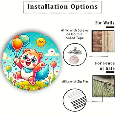 Vintage Cartoon Bear & Balloon Round Wall Decoration - 8x8 Inch Durable Aluminum