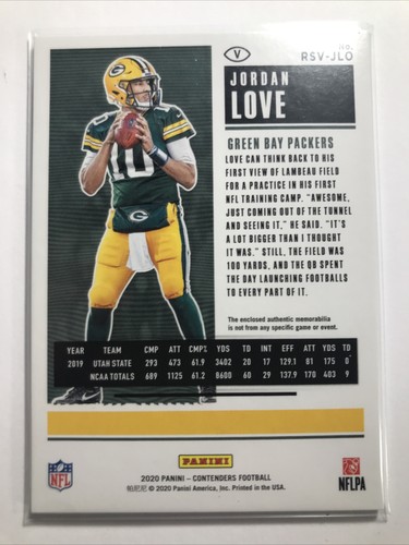 Jordan Love 2020 Panini Contenders ROOKIE RC TICKET PATCH GREEN FOIL SP PACKERS - Picture 2 of 2