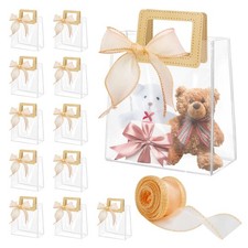 12 Pcs Clear Gift Bags with Handles, Transparent PVC Gift Bag with Ribbon, Re...