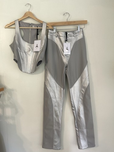 NWT Maniere De Voir 2 Piece BodySuit Metallic Silver Sz US 4 Futuristic Festival