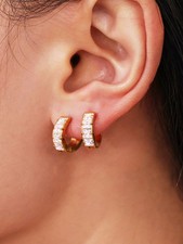 14mm Thick Women 18k Gold Plated Sparkling CZ Huggie Hoop Earring Stud