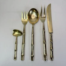 Vintage Brass-Toned Bamboo Flatware Serving Utensils Lot Of 5 GUC