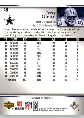 2007 Upper Deck Football #49 Terry Glenn - Dallas Cowboys - Picture 2 of 2