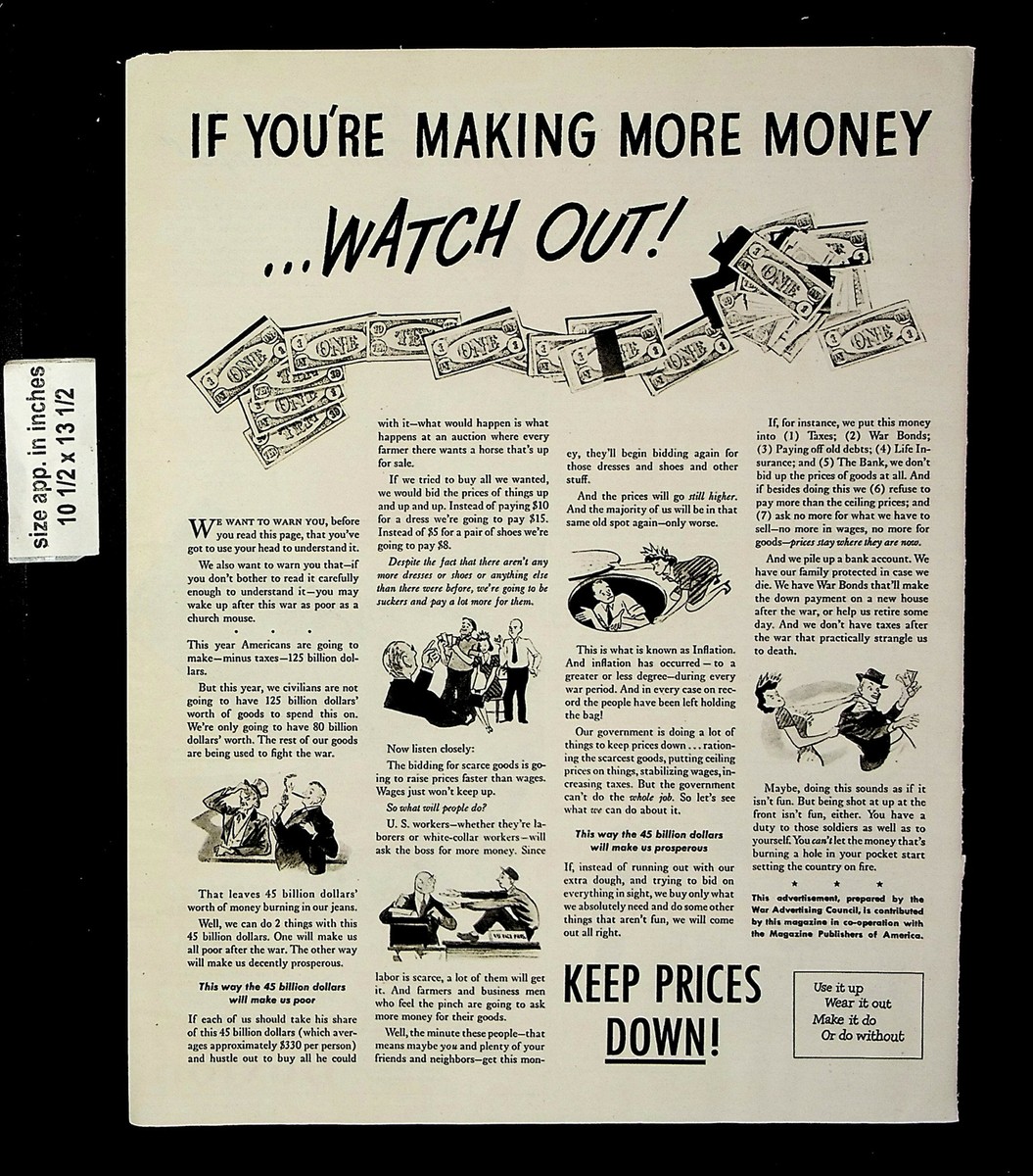 1943 War Advertising Council Keep Prices Down Taxes Vintage Print