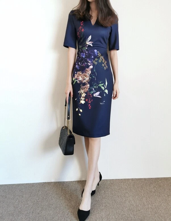 Ted Baker Floral Print V-Neck Bodycon Knee Length Dress
