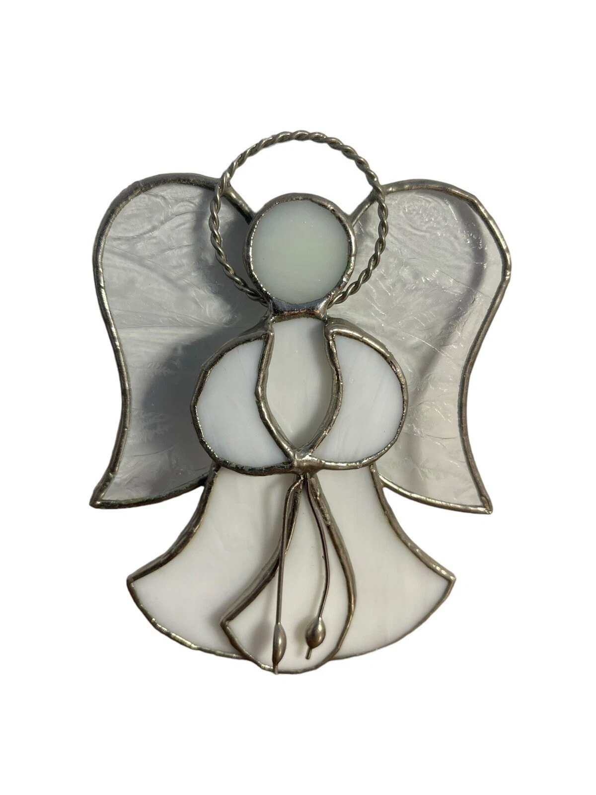 VINTAGE STAINED GLASS LEAD WHITE ANGEL SUNCATCHER FOLK ART CHRISTMAS ORNAMENT
