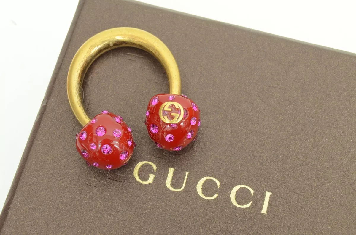 Authentic Gucci Ring Strawberry Resin Pearl Fruit GG Logo Size M Gold Crystal