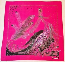 SCARF OLGA GRECO AUTHENTIC ANIMAL ART REACOCK FEATHERS PINK BLACK  PAREO BEACH