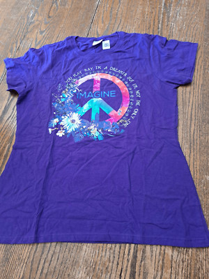 New Large Purple Peace Sign Imagine Short Sleeve Cotton Pullover Tshirt Shirt