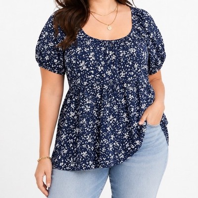 Torrid Navy Blue Floral Puff Sleeve Babydoll Top Women's Size 2X NWT