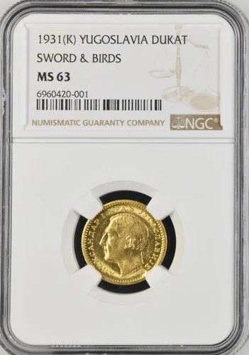 YUGOSLAVIA - SERBIA - BOSNIA , GOLD 1 DUKAT 1931 C/M SWORD - NGC MS 63 , RARE9