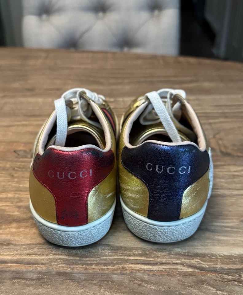 Zapatillas Gucci Mujer Ace Blind For Love Rayas Cuero Dorado Talla 4/34 Foto 4 de 4